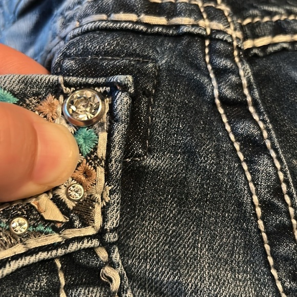 Miss Me Signature Bootcut Jeans Turquoise and Pink Embroidered Pockets with Rine - Picture 9 of 14